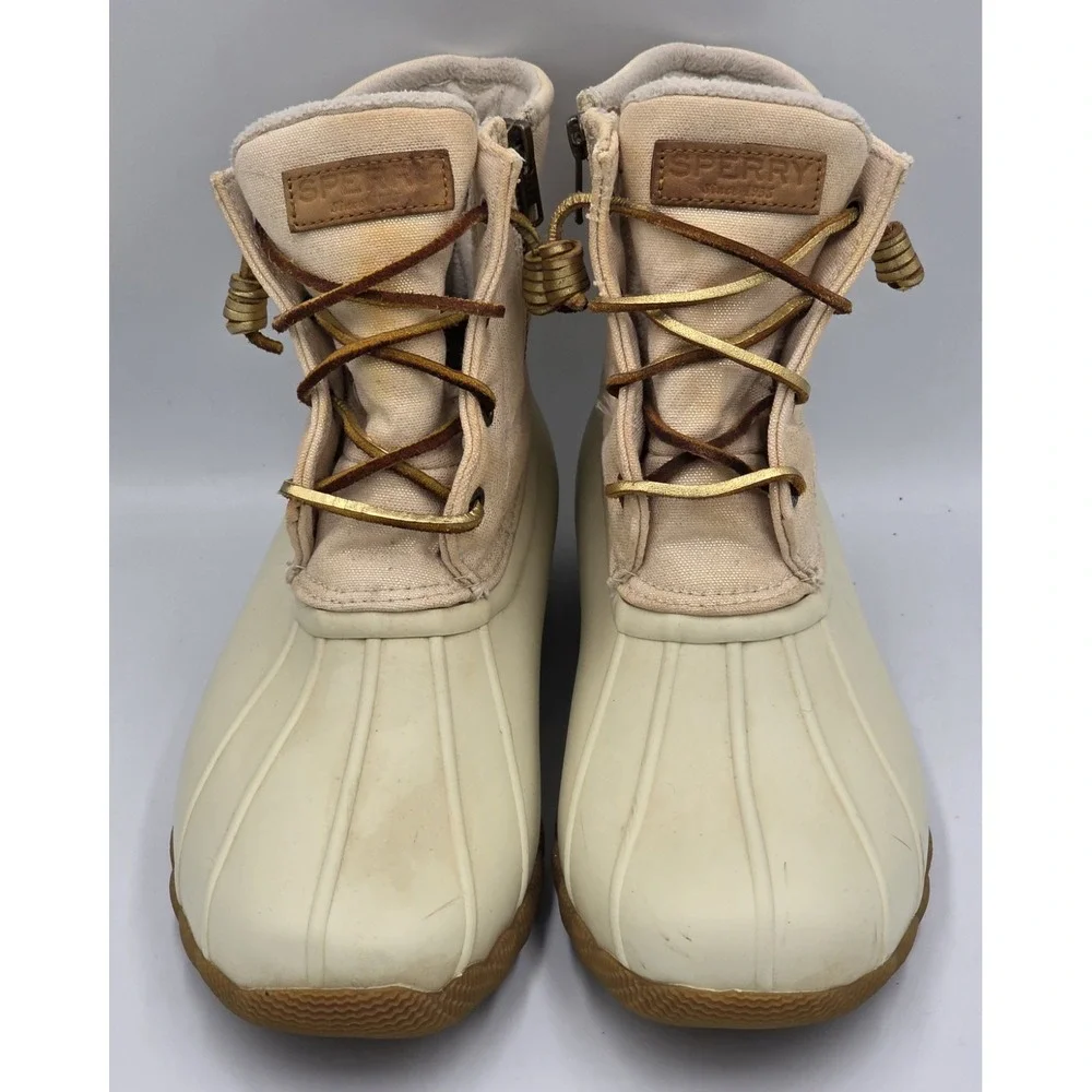 Sperry Waterproof Duck Booties Saltwater Canvas Oat/Gold‎ STS80493 Wmns Size 9